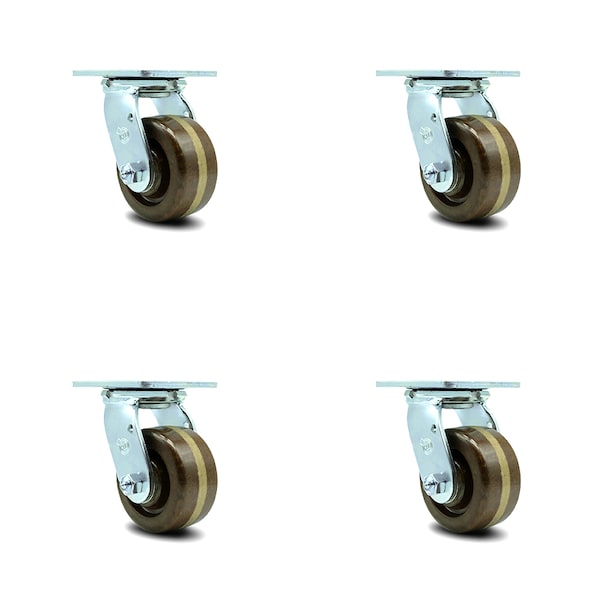 4 Inch High Temp Phenolic Swivel Caster Set with Roller Bearing and Swivel Lock